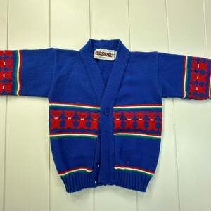 Vintage 1980s Barrel Kids Blue Teddy Bear Knit Cardigan Sweater Size 4
